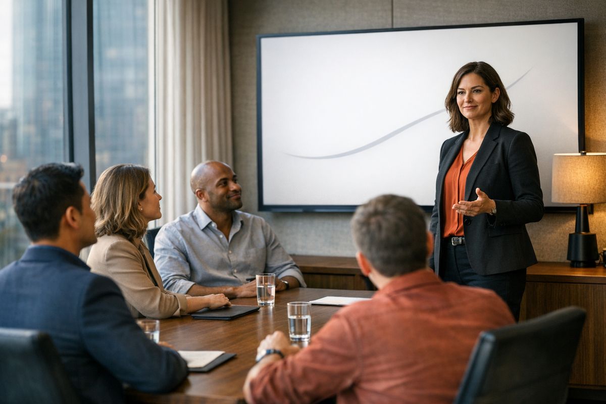A security advisor briefs an executive team in a modern boardroom.