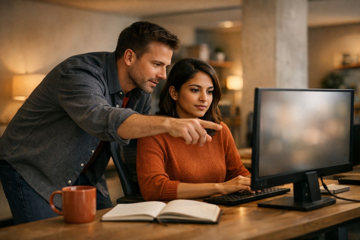 A senior practitioner coaches an engineer through a remediation task at a workstation.