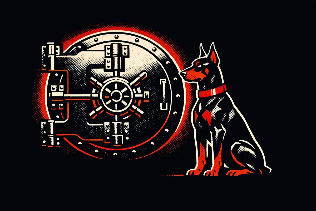 An illustrated Doberman guarding a vault door.