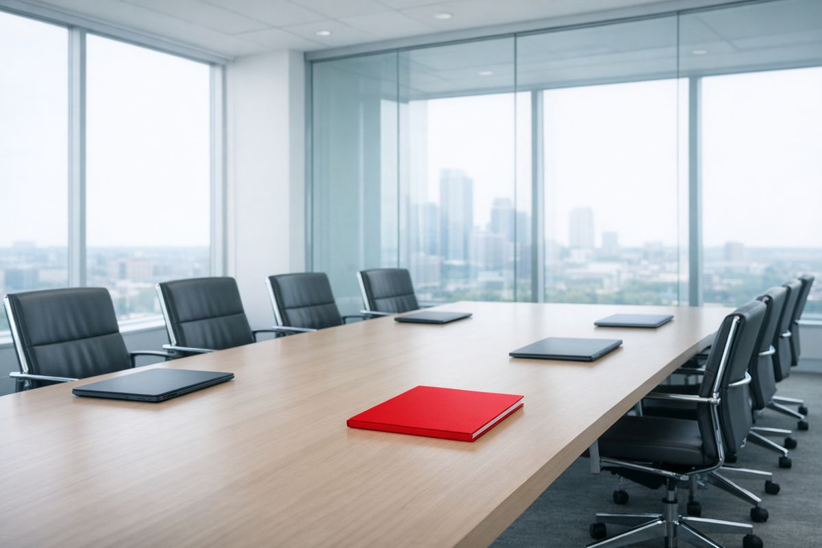 A daylight boardroom with a bound report on the table.