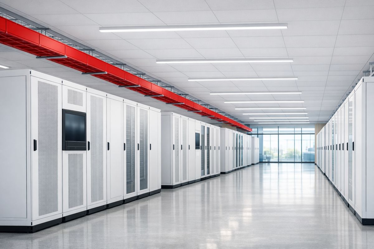 A bright, orderly data hall with rows of white server cabinets.
