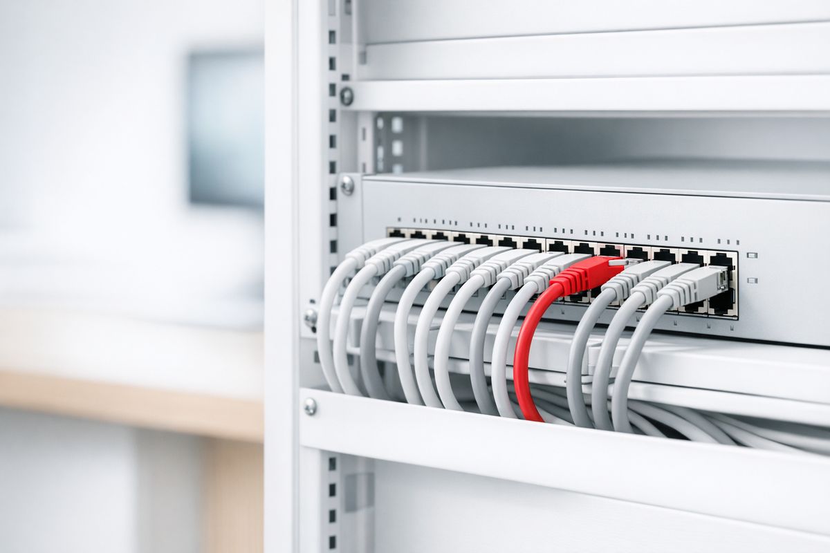 A close-up of a network switch with neat white patch cables and one red cable.