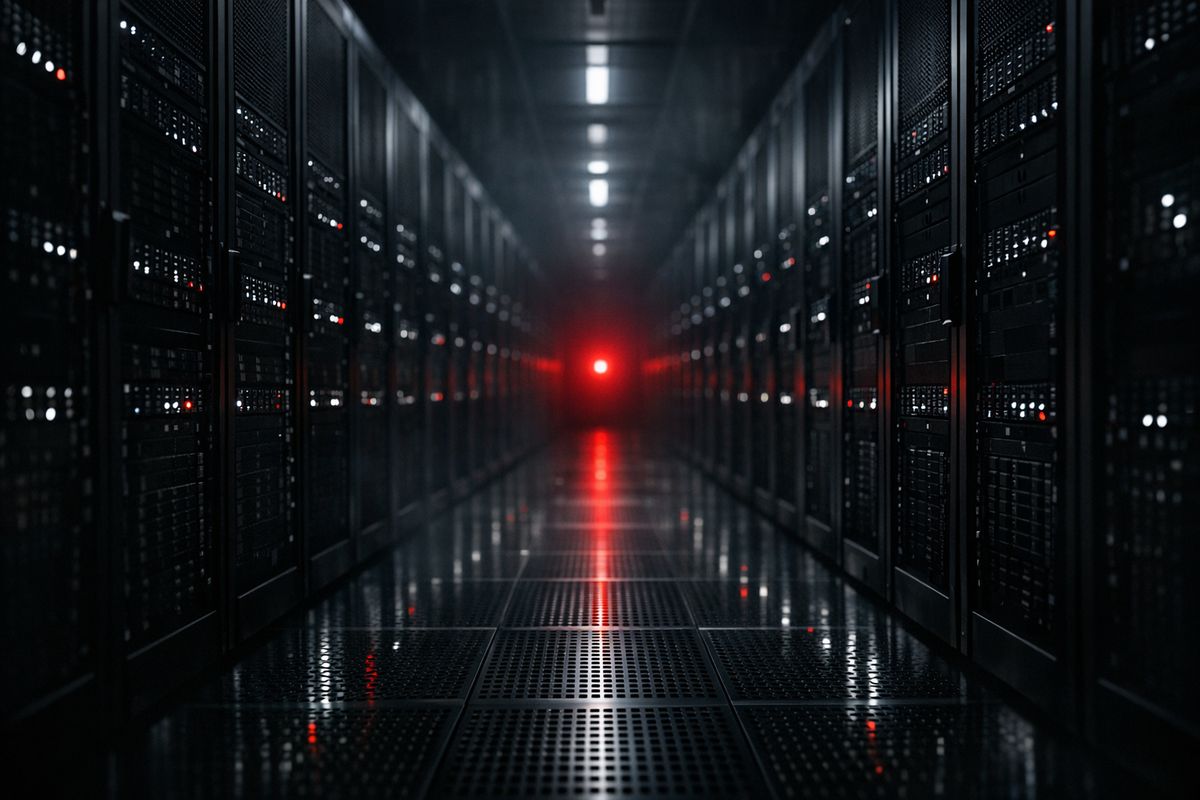 A data-center aisle between server racks lit with red and white status lights.