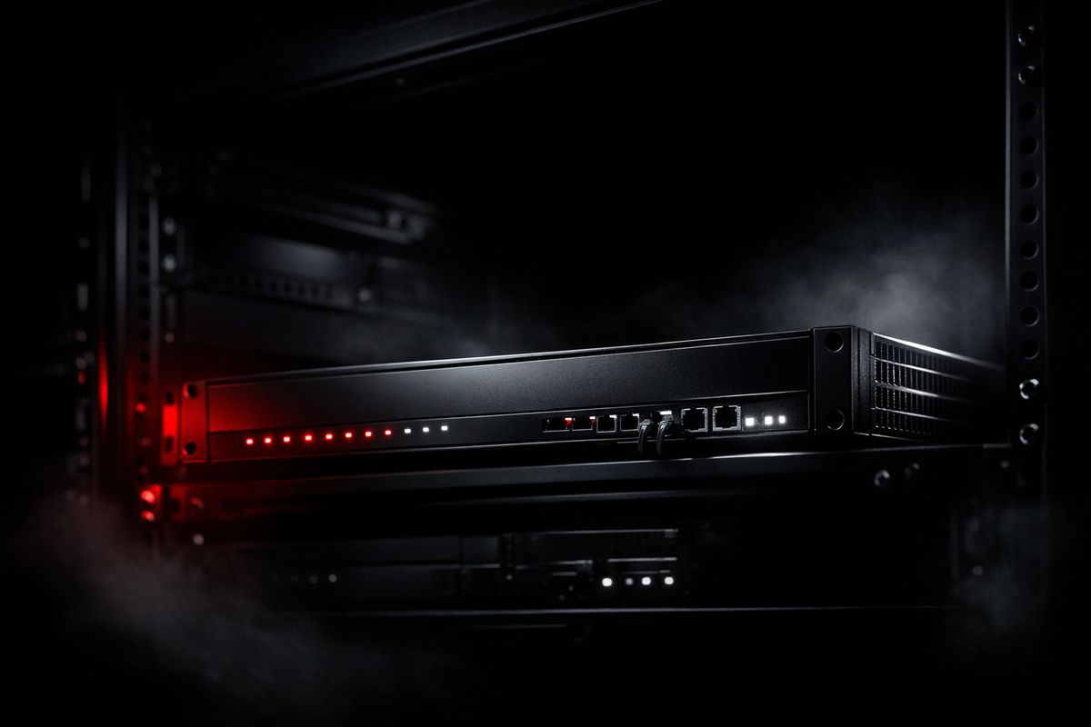 A rack-mounted network security appliance with red and white indicator lights.