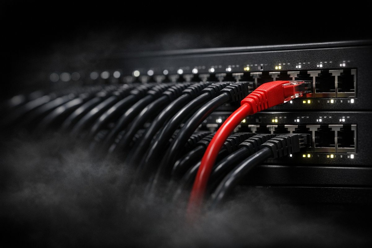 A close-up of a network switch with neatly dressed patch cables and one red cable in focus.